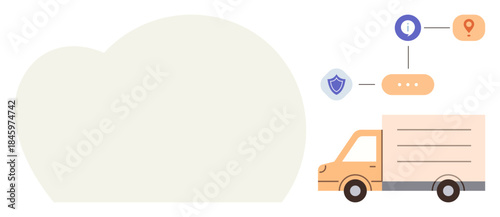 Delivery truck moving beside tracking icons showing route information, location pins, and security shields. Ideal for logistics, shipping, e-commerce, delivery services, modern technology, tracking