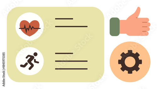 Heartbeat monitor, running icon, gear, and thumbs-up representing fitness, health tracking, achievement. Ideal for wellness, motivation, goal setting health apps sports coaching perseverance