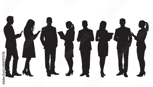 Business people , silhouettes, group of standing business men and businesswomen

