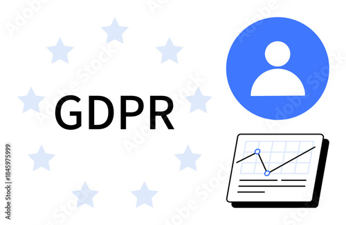 GDPR text with blue user icon, analytics chart illustrating compliance data trends, and surrounding stars. Ideal for data privacy, user rights, compliance, online security, regulation, analytics