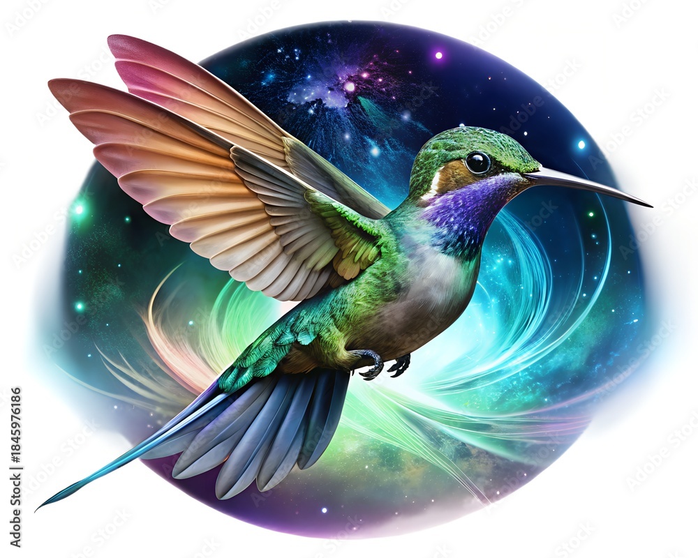Naklejka premium Vibrant hummingbird in flight against a cosmic background
