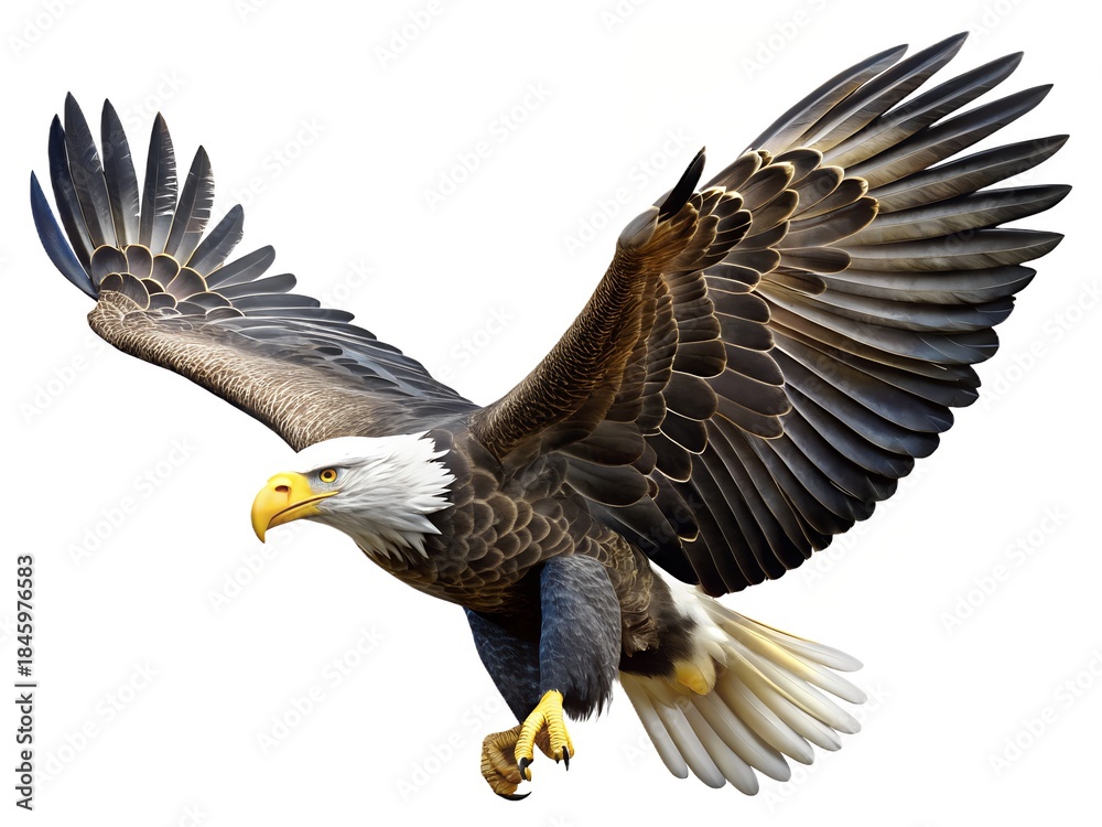 Naklejka premium American bald eagle in flight with spread wings and talons extended