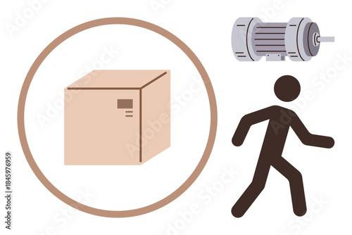 Cardboard box inside a circle, mechanical motor, and walking figure symbolizing transportation, logistics, delivery, automation, movement, industry, and workflow in a simple flat metaphor