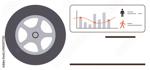 Wheel next to graph and chart dashboard with user stats and activity. Ideal for technology, analytics, transport, efficiency, performance, automation, and connectivity. Simple flat metaphor