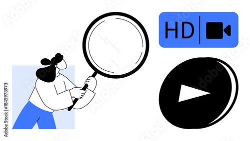 Content review, streaming, HD quality, media analysis, search tools, video technology. A woman holds a magnifying glass near HD and play icons. Content review and streaming quality concept
