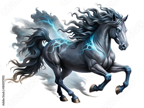 Mythical dark horse with glowing blue energy