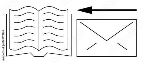 Communication concept. Communication through an open book, envelope, and directional arrow knowledge exchange and information transfer. Perfect for learning, correspondence, or messaging