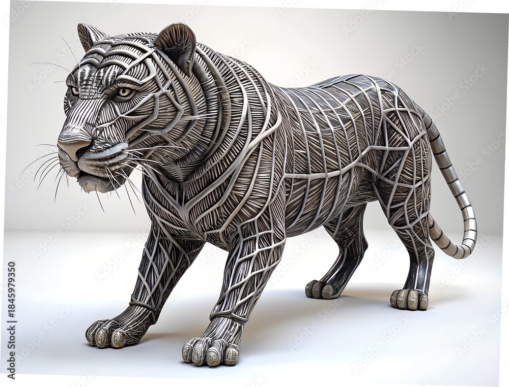 Obraz premium Intricately designed silver tiger sculpture with ornate patterns and details