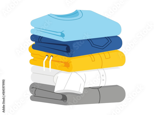 Neatly folded stack of clothing items including a blue sweatshirt, yellow hoodie, white t-shirt, and gray pants on a white background
