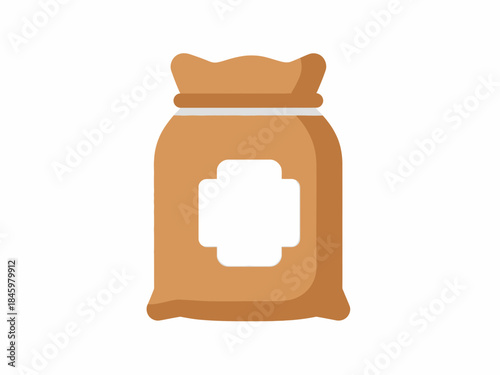 Simple brown sack icon with a blank white label for product branding, isolated vector graphic illustration for food or agriculture