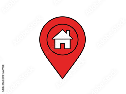 Red map pin icon with a house symbol representing a home address, real estate property, or destination point for GPS navigation