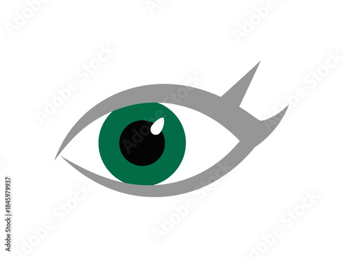 Abstract graphic design of a human eye with a green iris and a bold, sharp look, representing vision and perception