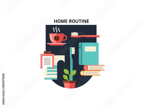 Morning Home Routine with Coffee, Toothbrush, and Plant - Daily Life Illustration