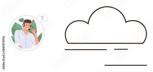 Man with exclamation speech bubble reacts to modern cloud shape concept. Ideal for communication, cloud computing, technology, networking, emotions, reactions, conceptual connection. Simple flat