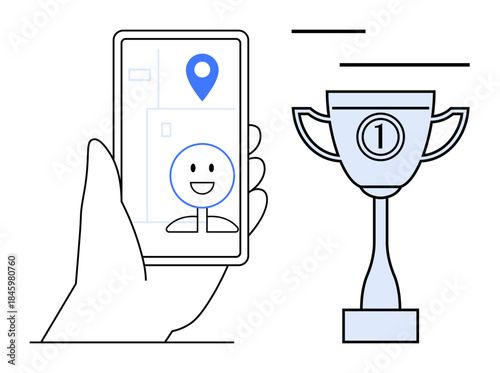 Mobile navigation concept. Digital location pin and hand holding device highlight navigation, while the trophy achievement. Ideal for travel, success, maps, navigation, and rewards campaigns