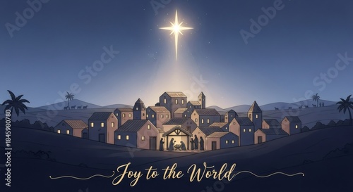 Bethlehem city with nativity scene under shining star, a Christmas concept illustration for holiday greeting card or banner