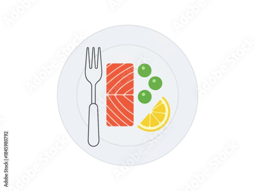 A Simple illustration of a perfectly cooked salmon fillet served with peas and a lemon slice on a white plate with a fork