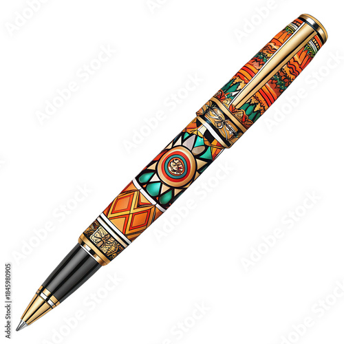 Elegant pen with intricate design and vibrant colors, perfect for writing on transparent background