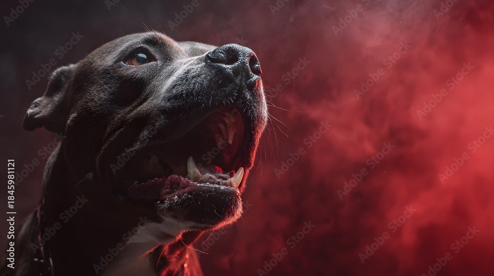 Fototapeta premium Muscular canine with open jaws poses dramatically against a background of deep crimson smoke