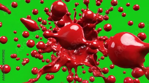 Red Paint Splatter Explosion on Green Screen Background.