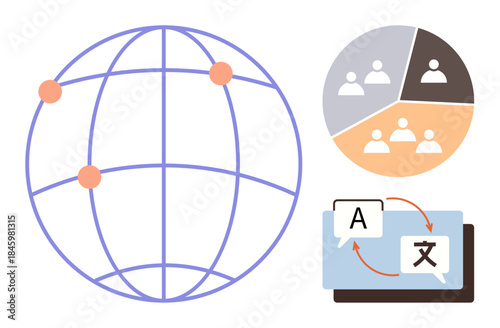 Globe with connection points, language translation arrows on screens, and pie chart of groups. Ideal for networking, communication, translation, linguistics, teamwork geography education. Simple