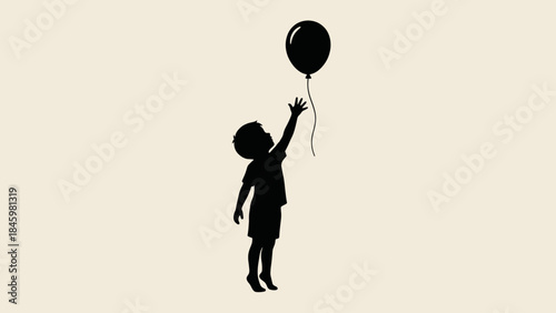 Silhouette of a child reaching for a floating black balloon on a light background