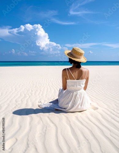 砂浜の上で麦わら帽子を被って座る女性