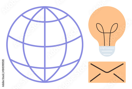 Globe representing worldwide connection, light bulb symbolizing ideas, envelope for messaging. Ideal for communication, innovation, networking, education, creativity, collaboration technology