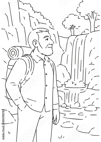 Coloring Book Dad hiking near a waterfall view