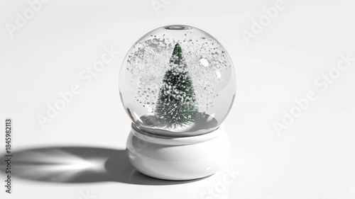 Snow Globe with Christmas Tree and Falling Snow on White Background.