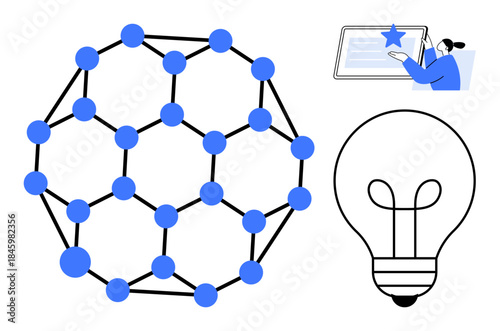 Science education, innovation, problem-solving, digital learning, creative ideas, conceptual understanding. Molecular structure, light bulb and person interacting online. Science education
