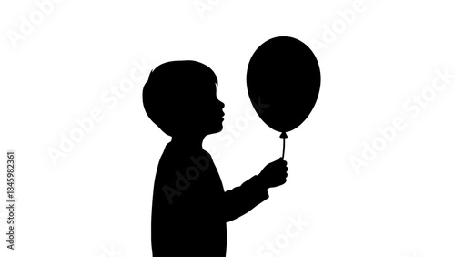 Child's silhouette holding a balloon, profile view on white background, symbolizing childhood, innocence, and simple joy.