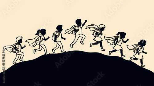 Children in Superhero Capes Running on Hill Silhouettes: Playful Childhood Adventure & Imagination