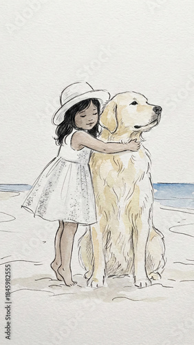 classic traditional watercolor painting of a little girl holding a golden retriever dog on sandy beach suitable for card design template