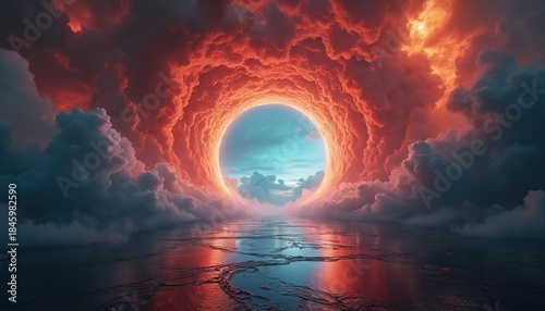 A glowing portal opens in a stormy sky over dark, reflective water. Red and orange clouds surround a bright circular gateway leading to a calm blue expanse, suggesting a passage between worlds.
