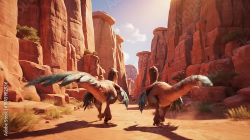 Two Roadrunners in a Desert Canyon with Cacti.