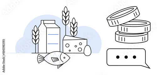Healthy eating, finance, agriculture, sustainability, food production, conversation. Milk carton, grains cheese fish coins speech bubble. Focus on healthy eating and financial