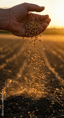 A weathered farmer's hand releases golden wheat grains into dark, tilled soil during a vibrant golden hour sunset, symbolizing new growth and harvest.