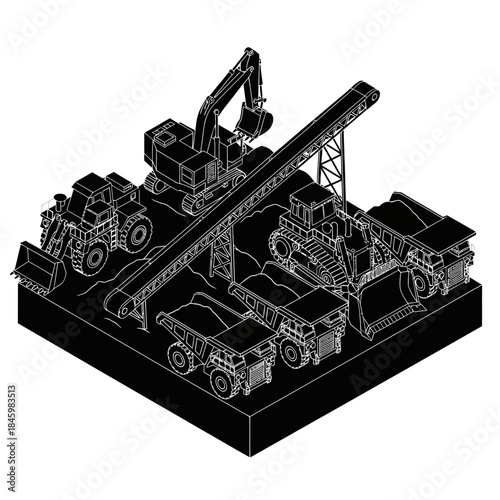 Isometric black and white line art illustration of heavy mining and construction machinery with excavators, dump trucks, and conveyor belt.
