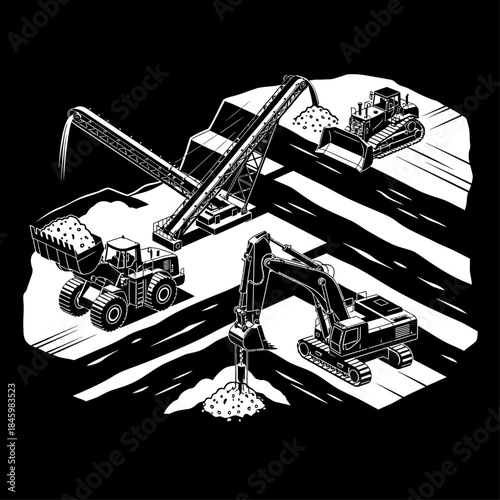 Black and white illustration of a large-scale mining operation with heavy machinery like bulldozers, excavators, loaders, and conveyor belts working in a quarry.