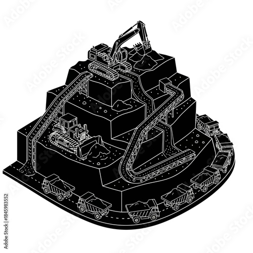 Isometric illustration of a large-scale open-pit mining operation with excavators, bulldozers, and dump trucks transporting materials.