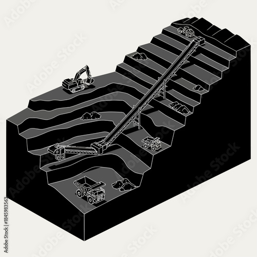 Isometric illustration of an open-pit mining operation with excavators, dump trucks, and a long conveyor belt system on terraced levels.