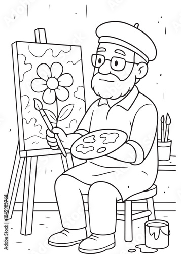 Coloring Book Father Painter Painting Colorful Flower on Canvas in Studio
