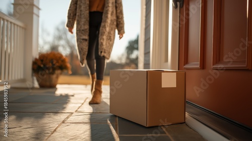 Package placed at home entrance illustrating last mile delivery and customer experience. Concept highlights logistics efficiency, ecommerce growth and modern consumer behavior