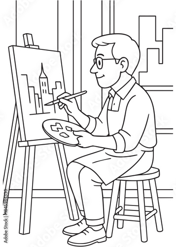 Coloring Book Father Painter Painting Tall City Building on Canvas