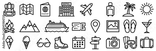 Travel and Vacation Icons Outline Summer Holiday Elements on Transparent Background