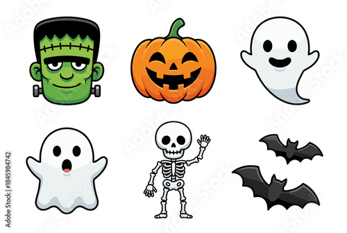 Cartoon Halloween Character Collection with Frankenstein, Pumpkin, Ghost, Skeleton on Transparent Background