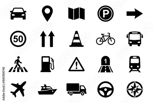 Road Traffic and Transportation Symbol Icons With Transparent Background For Road Safety