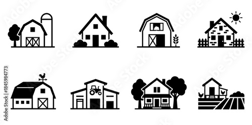 Set of Farmhouse and Barn Icons on Transparent Background, Farm, House and Rural Life