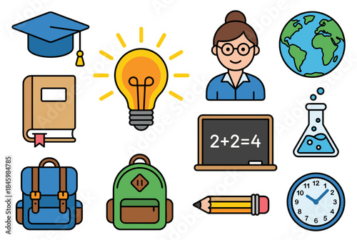 Educational Icons on Transparent Background Cap, Globe, Flask, Teacher and More